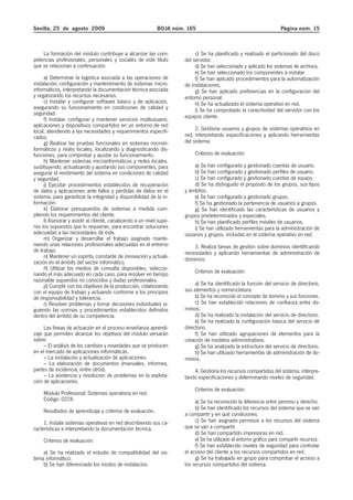 Sevilla, 25 de agosto 2009                                    BOJA núm. 165                                           Página núm. 15



    La formación del módulo contribuye a alcanzar las com-                  c) Se ha planificado y realizado el particionado del disco
petencias profesionales, personales y sociales de este título          del servidor.
que se relacionan a continuación:                                           d) Se han seleccionado y aplicado los sistemas de archivos.
                                                                            e) Se han seleccionado los componentes a instalar.
      a) Determinar la logística asociada a las operaciones de              f) Se han aplicado procedimientos para la automatización
instalación, configuración y mantenimiento de sistemas micro-          de instalaciones.
informáticos, interpretando la documentación técnica asociada               g) Se han aplicado preferencias en la configuración del
y organizando los recursos necesarios.                                 entorno personal.
      c) Instalar y configurar software básico y de aplicación,             h) Se ha actualizado el sistema operativo en red.
asegurando su funcionamiento en condiciones de calidad y                    i) Se ha comprobado la conectividad del servidor con los
seguridad.
      f) Instalar, configurar y mantener servicios multiusuario,       equipos cliente.
aplicaciones y dispositivos compartidos en un entorno de red
local, atendiendo a las necesidades y requerimientos especifi-              2. Gestiona usuarios y grupos de sistemas operativos en
cados.                                                                 red, interpretando especificaciones y aplicando herramientas
      g) Realizar las pruebas funcionales en sistemas microin-         del sistema.
formáticos y redes locales, localizando y diagnosticando dis-
funciones, para comprobar y ajustar su funcionamiento.                      Criterios de evaluación:
      h) Mantener sistemas microinformáticos y redes locales,
sustituyendo, actualizando y ajustando sus componentes, para               a) Se han configurado y gestionado cuentas de usuario.
asegurar el rendimiento del sistema en condiciones de calidad              b) Se han configurado y gestionado perfiles de usuario.
y seguridad.                                                               c) Se han configurado y gestionado cuentas de equipo.
      j) Ejecutar procedimientos establecidos de recuperación              d) Se ha distinguido el propósito de los grupos, sus tipos
de datos y aplicaciones ante fallos y pérdidas de datos en el          y ámbitos.
sistema, para garantizar la integridad y disponibilidad de la in-          e) Se han configurado y gestionado grupos.
formación.                                                                 f) Se ha gestionado la pertenencia de usuarios a grupos.
      k) Elaborar presupuestos de sistemas a medida cum-                   g) Se han identificado las características de usuarios y
pliendo los requerimientos del cliente.                                grupos predeterminados y especiales.
      l) Asesorar y asistir al cliente, canalizando a un nivel supe-       h) Se han planificado perfiles móviles de usuarios.
rior los supuestos que lo requieran, para encontrar soluciones             i) Se han utilizado herramientas para la administración de
adecuadas a las necesidades de éste.                                   usuarios y grupos, incluidas en el sistema operativo en red.
      m) Organizar y desarrollar el trabajo asignado mante-
niendo unas relaciones profesionales adecuadas en el entorno               3. Realiza tareas de gestión sobre dominios identificando
de trabajo.                                                            necesidades y aplicando herramientas de administración de
      n) Mantener un espíritu constante de innovación y actuali-       dominios.
zación en el ámbito del sector informático.
      ñ) Utilizar los medios de consulta disponibles, seleccio-
nando el más adecuado en cada caso, para resolver en tiempo                 Criterios de evaluación:
razonable supuestos no conocidos y dudas profesionales.
      p) Cumplir con los objetivos de la producción, colaborando            a) Se ha identificado la función del servicio de directorio,
con el equipo de trabajo y actuando conforme a los principios          sus elementos y nomenclatura.
de responsabilidad y tolerancia.                                            b) Se ha reconocido el concepto de dominio y sus funciones.
      r) Resolver problemas y tomar decisiones individuales si-             c) Se han establecido relaciones de confianza entre do-
guiendo las normas y procedimientos establecidos definidos             minios.
dentro del ámbito de su competencia.                                        d) Se ha realizado la instalación del servicio de directorio.
                                                                            e) Se ha realizado la configuración básica del servicio de
     Las líneas de actuación en el proceso enseñanza aprendi-          directorio.
zaje que permiten alcanzar los objetivos del módulo versarán                f) Se han utilizado agrupaciones de elementos para la
sobre:                                                                 creación de modelos administrativos.
     – El análisis de los cambios y novedades que se producen               g) Se ha analizado la estructura del servicio de directorio.
en el mercado de aplicaciones informáticas.                                 h) Se han utilizado herramientas de administración de do-
     – La instalación y actualización de aplicaciones.                 minios.
     – La elaboración de documentos (manuales, informes,
partes de incidencia, entre otros).                                        4. Gestiona los recursos compartidos del sistema, interpre-
     – La asistencia y resolución de problemas en la explota-          tando especificaciones y determinando niveles de seguridad.
ción de aplicaciones.
                                                                            Criterios de evaluación:
     Módulo Profesional: Sistemas operativos en red.
     Código: 0224.                                                          a) Se ha reconocido la diferencia entre permiso y derecho.
                                                                            b) Se han identificado los recursos del sistema que se van
     Resultados de aprendizaje y criterios de evaluación.
                                                                       a compartir y en qué condiciones.
     1. Instala sistemas operativos en red describiendo sus ca-             c) Se han asignado permisos a los recursos del sistema
racterísticas e interpretando la documentación técnica.                que se van a compartir.
                                                                            d) Se han compartido impresoras en red.
     Criterios de evaluación:                                               e) Se ha utilizado el entorno gráfico para compartir recursos.
                                                                            f) Se han establecido niveles de seguridad para controlar
    a) Se ha realizado el estudio de compatibilidad del sis-           el acceso del cliente a los recursos compartidos en red.
tema informático.                                                           g) Se ha trabajado en grupo para comprobar el acceso a
    b) Se han diferenciado los modos de instalación.                   los recursos compartidos del sistema.
 