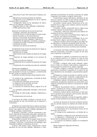 Sevilla, 25 de agosto 2009                                 BOJA núm. 165                                            Página núm. 19



     – Direcciones IP. Ipv4. IPv6. Direcciones IP públicas y pri-   aplicando procedimientos de montaje y protocolos de calidad
vadas.                                                              y seguridad, para instalar y configurar redes locales.
     – Mecanismos de enmascaramiento de subredes.                        f) Interconectar equipos informáticos, dispositivos de red
     – Configuración de los adaptadores de red en sistemas          local y de conexión con redes de área extensa, ejecutando los
operativos libres y propietarios.                                   procedimientos para instalar y configurar redes locales.
     – Configuración básica de los dispositivos de interco-              g) Localizar y reparar averías y disfunciones en los com-
nexión de red cableada e inalámbrica.                               ponentes físicos y lógicos para mantener sistemas microinfor-
     – Seguridad básica en redes cableadas e inalámbricas.          máticos y redes locales.
     – VLANS, generaciones y tipos.                                      h) Sustituir y ajustar componentes físicos y lógicos para
                                                                    mantener sistemas microinformáticos y redes locales.
    Resolución de incidencias de una red de área local:                  i) Interpretar y seleccionar información para elaborar do-
    – Estrategias. Parámetros del rendimiento.                      cumentación técnica y administrativa.
    – Incidencias físicas e incidencias lógicas en redes locales.        j) Valorar el coste de los componentes físicos, lógicos y la
    – Averías frecuentes en una red de área local.                  mano de obra, para elaborar presupuestos.
    – Técnicas e instrumentos de localización de averías.                k) Reconocer características y posibilidades de los com-
    – Monitorización de redes cableadas e inalámbricas.             ponentes físicos y lógicos, para asesorar y asistir a clientes.
    – Herramientas de diagnóstico. Comandos y programas.
    – Contingencias posibles al restituir el funcionamiento.             l) Detectar y analizar cambios tecnológicos para elegir nue-
    – Certificación de redes.                                       vas alternativas y mantenerse actualizado dentro del sector.
    – Generación de informes de incidencias.                             m) Reconocer y valorar incidencias, determinando sus cau-
                                                                    sas y describiendo las acciones correctoras para resolverlas.
     Cumplimiento de las normas de prevención de riesgos la-
borales y protección ambiental:                                         La formación del módulo contribuye a alcanzar las com-
     – Identificación de riesgos.                                   petencias profesionales, personales y sociales de este título
     – Determinación de las medidas de prevención de riesgos        que se relacionan a continuación:
laborales.
     – Prevención de riesgos laborales en los procesos de                 d) Replantear el cableado y la electrónica de redes loca-
montaje.                                                            les en pequeños entornos y su conexión con redes de área
     – Equipos de protección individual.                            extensa canalizando a un nivel superior los supuestos que así
     – Cumplimiento de la normativa de prevención de riesgos        lo requieran.
laborales.                                                                e) Instalar y configurar redes locales cableadas, inalám-
     – Cumplimiento de la normativa de protección ambiental.        bricas o mixtas y su conexión a redes públicas, asegurando su
                                                                    funcionamiento en condiciones de calidad y seguridad.
     Orientaciones pedagógicas.                                           f) Instalar, configurar y mantener servicios multiusuario,
     Este módulo profesional contiene la formación necesaria        aplicaciones y dispositivos compartidos en un entorno de red
para desempeñar la función de instalación y mantenimiento           local, atendiendo a las necesidades y requerimientos especifi-
de redes locales en pequeños entornos.                              cados.
     La definición de estas funciones incluye aspectos como:              g) Realizar las pruebas funcionales en sistemas microin-
                                                                    formáticos y redes locales, localizando y diagnosticando dis-
     - El montaje de las canalizaciones y el tendido de líneas      funciones, para comprobar y ajustar su funcionamiento.
para redes locales cableadas.                                             h) Mantener sistemas microinformáticos y redes locales,
     - El montaje de los elementos de la red local.                 sustituyendo, actualizando y ajustando sus componentes, para
     - La integración de los elementos de la red.                   asegurar el rendimiento del sistema en condiciones de calidad
     - La monitorización de la red local.                           y seguridad.
     - La resolución de incidencias físicas y lógicas de la red           j) Elaborar documentación técnica y administrativa del
local.                                                              sistema, cumpliendo las normas y reglamentación del sector,
     - Las actividades profesionales asociadas a esta función       para su mantenimiento y la asistencia al cliente.
se aplican en:                                                            l) Asesorar y asistir al cliente, canalizando a un nivel supe-
     - El montaje de redes locales cableadas, inalámbricas y        rior los supuestos que lo requieran, para encontrar soluciones
mixtas.                                                             adecuadas a las necesidades de éste.
     - El mantenimiento de la red local.                                  o) Aplicar los protocolos y normas de seguridad, calidad y
      La formación del módulo contribuye a alcanzar los ob-         respeto al medio ambiente en las intervenciones realizadas.
jetivos generales de este ciclo formativo que se relacionan a
continuación:                                                            Las líneas de actuación en el proceso enseñanza aprendi-
                                                                    zaje que permiten alcanzar los objetivos del módulo versarán
     a) Organizar los componentes físicos y lógicos que forman      sobre:
un sistema microinformático, interpretando su documentación              – La identificación de los elementos de la red local.
técnica, para aplicar los medios y métodos adecuados a su                – La interpretación de la documentación técnica de los
instalación, montaje y mantenimiento.                               elementos de la red local.
     b) Identificar, ensamblar y conectar componentes y peri-            – El montaje de las canalizaciones y el tendido del ca-
féricos utilizando las herramientas adecuadas, aplicando pro-       bleado.
cedimientos, normas y protocolos de calidad y seguridad, para            – La instalación y configuración de los elementos de la red.
montar y configurar ordenadores y periféricos.                           – La elaboración e interpretación de la documentación
     d) Representar la posición de los equipos, líneas de trans-    técnica sobre la distribución de la red local.
misión y demás elementos de una red local, analizando la                 – La resolución de problemas surgidos en la explotación
morfología, condiciones y características del despliegue, para      de la red local.
replantear el cableado y la electrónica de la red.
     e) Ubicar y fijar equipos, líneas, canalizaciones y demás           Módulo Profesional: Seguridad informática.
elementos de una red local cableada, inalámbrica o mixta,                Código: 0226.
 