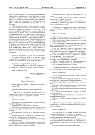 Sevilla, 25 de agosto 2009                                 BOJA núm. 165                                           Página núm. 7



entrada en vigor del título de Técnico en Sistemas Microinfor-           h) Se ha analizado la función del adaptador gráfico y el
máticos y Redes regulado en la presente Orden, que no pueda         monitor.
promocionar a segundo, quedará matriculado en primer curso               i) Se han identificado y manipulado distintos adaptadores
del título de Técnico en Sistemas Microinformáticos y Redes.        (gráficos, LAN, modems, entre otros).
A estos efectos, serán de aplicación las convalidaciones reco-           j) Se han identificado los elementos que acompañan a un
gidas en el Anexo IV del Real Decreto 1691/2007, de 14 de           componente de integración (documentación, controladores,
diciembre.                                                          cables y utilidades, entre otros).
     2. El alumnado matriculado en oferta completa en el pri-
mer curso del título de Técnico en Explotaciones de Sistemas            2. Ensambla un equipo microinformático, interpretando
Informáticos regulado por el Decreto 350/2003, de 9 de di-          planos e instrucciones del fabricante aplicando técnicas de
ciembre, que deja de impartirse como consecuencia de la en-         montaje.
trada en vigor del título de Técnico en Sistemas Microinformá-
ticos y Redes regulado en la presente Orden, que promociona             Criterios de evaluación:
a segundo curso, continuará en el curso académico 2009/10
cursando el título de Técnico en Explotaciones de Sistemas In-           a) Se han seleccionado las herramientas y útiles necesa-
formáticos regulado por el Decreto 350/2003, de 9 de diciem-        rios para el ensamblado de equipos microinformáticos.
bre. Los módulos profesionales que pudieran quedar pendien-              b) Se ha interpretado la documentación técnica de todos
tes al dejar de impartirse el título de Técnico en Explotaciones    los componentes a ensamblar.
de Sistemas Informáticos regulado por el Decreto 350/2003,               c) Se ha determinado el sistema de apertura / cierre del
                                                                    chasis y los distintos sistemas de fijación para ensamblar-des-
de 9 de diciembre, podrán ser superados mediante convoca-           ensamblar los elementos del equipo.
torias extraordinarias durante los dos cursos académicos si-             d) Se han ensamblado diferentes conjuntos de placa
guientes al de desaparición del currículo, disponiéndose para       base, microprocesador y elementos de refrigeración en dife-
ello del número de convocatorias que por normativa vigente          rentes modelos de chasis, según las especificaciones dadas.
corresponda.                                                             e) Se han ensamblado los módulos de memoria RAM, los
                                                                    discos fijos, las unidades de lectura / grabación en soportes
     Disposición final primera. Ejecución de la presente Orden.     de memoria auxiliar y otros componentes.
     Se faculta a la persona titular de la Dirección General             f) Se han configurado parámetros básicos del conjunto
competente en materia de formación profesional, para dictar         accediendo a la configuración de la placa base.
los actos necesarios en ejecución de la presente Orden.                  g) Se han ejecutado utilidades de chequeo y diagnóstico
                                                                    para verificar las prestaciones del conjunto ensamblado.
    Disposición final segunda. Entrada en vigor.                         h) Se ha realizado un informe de montaje.
    La presente Orden entrará en vigor el día siguiente al de
su publicación en el Boletín Oficial de la Junta de Andalucía.           3. Mide parámetros eléctricos, identificando el tipo de se-
                                                                    ñal y relacionándola con sus unidades características.
    Sevilla, 7 de julio de 2009
                                                                        Criterios de evaluación:
                                     MARÍA DEL MAR MORENO RUIZ
                                        Consejera de Educación
                                                                         a) Se ha identificado el tipo de señal a medir con el apa-
                           ANEXO I                                  rato correspondiente.
                                                                         b) Se ha seleccionado la magnitud, el rango de medida y
                    Módulos Profesionales                           se ha conectado el aparato según la magnitud a medir.
                                                                         c) Se ha relacionado la medida obtenida con los valores
    Módulo Profesional: Montaje y mantenimiento de equipo.          típicos.
                                                                         d) Se han identificado los bloques de una fuente de ali-
    Código: 0221                                                    mentación (F.A.) para un ordenador personal.
                                                                         e) Se han enumerado las tensiones proporcionadas por
    Resultados de aprendizaje y criterios de evaluación.            una F.A. típica.
                                                                         f) Se han medido las tensiones en F.A. típicas de ordena-
    1. Selecciona los componentes de integración de un              dores personales.
equipo microinformático estándar, describiendo sus funciones             g) Se han identificado los bloques de un sistema de ali-
y comparando prestaciones de distintos fabricantes.                 mentación ininterrumpida.
                                                                         h) Se han medido las señales en los puntos significativos
    Criterios de evaluación:                                        de un SAI.
     a) Se han descrito los bloques que componen un equipo              4. Mantiene equipos informáticos interpretando las reco-
microinformático y sus funciones.                                   mendaciones de los fabricantes y relacionando las disfuncio-
     b) Se ha reconocido la arquitectura de buses.                  nes con sus causas.
     c) Se han descrito las características de los tipos de mi-
croprocesadores (frecuencia, tensiones, potencia, zócalos, en-          Criterios de evaluación:
tre otros).
     d) Se ha descrito la función de los disipadores y ventila-          a) Se han reconocido las señales acústicas y/o visuales
dores.                                                              que avisan de problemas en el hardware de un equipo.
     e) Se han descrito las características y utilidades más im-         b) Se han identificado y solventado las averías producidas
portantes de la configuración de la placa base.                     por sobrecalentamiento del microprocesador.
     f) Se han evaluado tipos de chasis para la placa base y el          c) Se han identificado y solventado averías típicas de un
resto de componentes.                                               equipo microinformático (mala conexión de componentes, in-
     g) Se han identificado y manipulado los componentes bá-        compatibilidades, problemas en discos fijos, suciedad, entre
sicos (módulos de memoria, discos fijos y sus controladoras,        otras).
soportes de memorias auxiliares, entre otros).                           d) Se han sustituido componentes deteriorados.
 