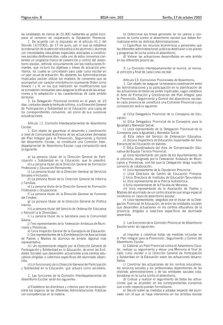 Página núm. 8

BOJA núm. 202

las localidades de menos de 20.000 habitantes se podrá incorporar al convenio de cooperación la Diputación Provincial.
2. De acuerdo con lo dispuesto en el artículo 41.2 del
Decreto 167/2003, de 17 de junio, por el que se establece
la ordenación de la atención educativa a los alumnos y alumnas
con necesidades educativas especiales asociadas a condiciones sociales desfavorecidas, cada uno de estos convenios contendrá un programa marco de prevención y control del absentismo escolar, definido conjuntamente por las instituciones firmantes, que incluirá los objetivos y líneas de actuación prioritarios, los cuales se concretarán para cada curso escolar en
un plan anual de actuación. No obstante, las Administraciones
implicadas podrán utilizar los modelos de convenios que se
acompañan con carácter orientativo en la presente Orden como
Anexos I y II, en los que realizarán las modificaciones que
se consideren necesarias para asegurar la eficacia de las actuaciones y la adaptación a las características de cada ámbito
territorial.
3. La Delegación Provincial remitirá en el plazo de 10
días, contados desde la fecha de la firma, a la Dirección General
de Participación y Solidaridad en la Educación una copia de
los correspondientes convenios, así como de sus sucesivas
actualizaciones.
Artículo 12. Comisión Interdepartamental de Absentismo
Escolar.
1. Con objeto de garantizar el desarrollo y coordinación
a nivel de Comunidad Autónoma de las actuaciones derivadas
del Plan Integral para la Prevención, Seguimiento y Control
del Absentismo Escolar, se constituirá una Comisión Interdepartamental de Absentismo Escolar cuya composición será
la siguiente:
a) La persona titular de la Dirección General de Participación y Solidaridad en la Educación, que la presidirá.
b) La persona titular de la Dirección General de Formación
Profesional y Educación Permanente.
c) La persona titular de la Dirección General de Servicios
Sociales e Inclusión.
d) La persona titular de la Dirección General de Infancia
y Familias.
e) La persona titular de la Dirección General de Formación
Profesional y Ocupacional.
f) La persona titular de la Dirección General de Fomento
del Empleo.
g) La persona titular de la Dirección General de Política
Interior.
h) La persona titular del Servicio de Ordenación Educativa
y Atención a la Diversidad.
i) La persona titular de la Secretaría para la Comunidad
Gitana.
j) Tres representantes de la Federación Andaluza de Municipios y Provincias.
k) Un/a Inspector Central de la Consejería de Educación.
l) Dos representantes de la Confederación de Asociaciones
de Padres y Madres de alumnos de ámbito regional más
representativa.
m) Un representante elegido por la Dirección General de
Participación y Solidaridad en la Educación, de entre las Entidades Sociales que desarrollen actuaciones a los centros educativos dirigidas a colectivos específicos del alumnado absentista.
n) Un funcionario de la Dirección General de Participación
y Solidaridad en la Educación, que actuará como secretario.
2. Las funciones de la Comisión Interdepartamental de
Absentismo Escolar serán las siguientes:
a) Establecer las directrices y criterios para la coordinación
entre los órganos de las diferentes Administraciones Públicas
con competencias en la materia.

Sevilla, 17 de octubre 2005

b) Determinar las líneas generales de los planes y convenios de lucha contra el absentismo escolar que deban formalizarse entre las distintas Administraciones.
c) Especificar los recursos económicos y personales que
las diferentes administraciones públicas destinarán a los planes
y programas de lucha contra el absentismo.
d) Valorar las actuaciones desarrolladas en este ámbito
en las diferentes provincias.
3. La Comisión Interdepartamental se reunirá, al menos,
al principio y final de cada curso escolar.
Artículo 13. Comisiones Provinciales de Absentismo.
1. Con objeto de asegurar la necesaria coordinación entre
las Administraciones y la participación en la planificación de
las actuaciones de todas las partes implicadas, según establece
el Area de Formación y Coordinación del Plan Integral para
la Prevención, Seguimiento y Control del absentismo escolar,
en cada provincia se constituirá una Comisión Provincial cuya
composición será la siguiente:
a) El/La Delegado/a Provincial de la Consejería de Educación.
b) El/La Delegado/a Provincial de la Consejería para la
Igualdad y Bienestar Social.
c) Un/a representante de la Delegación Provincial de la
Consejería para la Igualdad y Bienestar Social.
d) El/la Jefe/a del Servicio de Ordenación Educativa.
e) Un/una Inspector/a de Educación responsable del Area
Estructural de Educación en Valores.
f) El/La Coordinador/a del Area de Compensación Educativa del Equipo Técnico Provincial.
g) Un/a representante por parte de los Ayuntamientos de
la provincia, designado por la Federación Andaluza de Municipios y Provincias, con los que la Delegación tenga suscrito
convenio de colaboración.
h) Un/a representante de la Diputación Provincial.
i) Un/a Director/a de Centro de Educación Primaria.
j) Un/a Director/a de Institutos de Educación Secundaria.
k) Un/a representante de la Policía Autonómica.
l) Un/a representante de la Fiscalía de Menores.
m) Un/a representante de la Asociación de Padres y
Madres del alumnado de un centro docente que tenga especial
incidencia en casos de absentismo escolar.
n) Un/a representante, elegido/a por el titular de la Delegación Provincial de Educación, de entre las entidades sociales
que desarrollen actuaciones en los centros educativos de la
provincia, dirigidas a colectivos específicos del alumnado
absentista.
2. Las funciones de la Comisión Provincial de Absentismo
Escolar serán las siguientes:
a) Impulsar y coordinar todas las medidas incluidas en
el Plan Integral para la Prevención, Seguimiento y Control del
Absentismo Escolar.
b) Elaborar un Plan Provincial contra el Absentismo Escolar, realizar su seguimiento y elevar una Memoria al final de
cada curso escolar a la Dirección General de Participación
y Solidaridad en la Educación sobre las actuaciones desarrolladas.
c) Coordinar las actuaciones de los centros educativos,
los servicios sociales y los profesionales dependientes de las
distintas administraciones o de las entidades sociales colaboradoras en la lucha contra el absentismo.
d) Evaluar y realizar el seguimiento de todas las actuaciones que se acuerden en los correspondientes convenios
que a este respecto puedan formalizarse.
e) Decidir sobre las medidas a adoptar respecto del alumnado con el que se haya intervenido en los ámbitos escolar

 