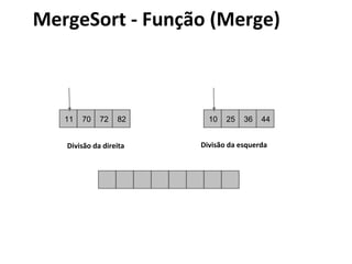 MergeSort - Função (Merge)

11

70

72

82

Divisão da direita

10

25

36

44

Divisão da esquerda

 
