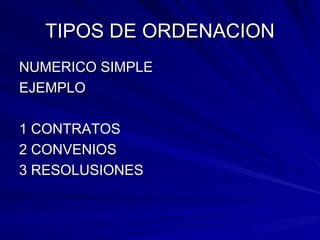 TIPOS DE ORDENACION NUMERICO SIMPLE EJEMPLO 1 CONTRATOS 2 CONVENIOS 3 RESOLUSIONES 