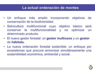 La actual ordenación de montes
• Un enfoque más amplio incorporando objetivos de
conservación de la biodiversidad.
• Selvicultura multifuncional cuyo objetivo básico será
conservar la multifuncionalidad y no optimizar un
determinado producto.
• El nuevo gestor forestal: un gestor multiusos y un gestor
de hábitats.
• La nueva ordenación forestal sostenible: un enfoque por
ecosistemas que procura armonizar simultáneamente una
sostenibilidad económica, ambiental y social.
 