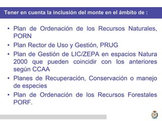 Tener en cuenta la inclusión del monte en el ámbito de :
• Plan de Ordenación de los Recursos Naturales,
PORN
• Plan Rector de Uso y Gestión, PRUG
• Plan de Gestión de LIC/ZEPA en espacios Natura
2000 que pueden coincidir con los anteriores
según CCAA
• Planes de Recuperación, Conservación o manejo
de especies
• Plan de Ordenación de los Recursos Forestales
PORF.
 