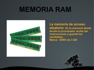 MEMORIA RAM La memoria de acceso aleatorio:  Es la memoria desde donde el procesador recibe las instrucciones y guarda los resultados. Marca:  DDR3 de 3 GB 