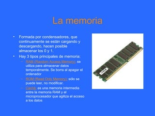 La memoria Formada por condensadores, que continuamente se están cargando y descargando, hacen posible almacenar los 0 y 1. Hay 3 tipos principales de memoria: RAM (Random Access Memory):  se utiliza para almacenar datos temporalmente. Se borra al apagar el ordenador ROM (Read Only Memory):  s ólo se puede leer, no modificar. Caché:  es una memoria intermedia entre la memoria RAM y el microprocesador que agiliza el acceso a los datos 