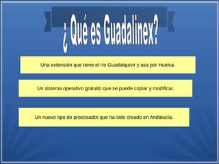 Una extensión que tiene el río Guadalquivir y asa por Huelva. 
Un sistema operativo gratuito que se puede copiar y modificar. 
Un nuevo tipo de procesador que ha sido creado en Andalucía. 
 