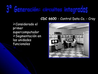3ª Generación: circuitos integrados CDC 6600  - Control Data Co. - Cray Considerado el primer supercomputador Segmentación en las unidades funcionales 