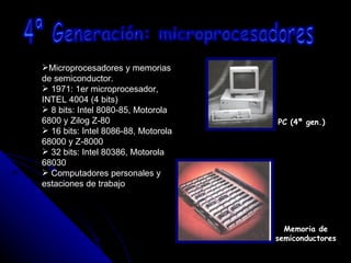 4ª Generación: microprocesadores Microprocesadores y memorias de semiconductor. 1971: 1er microprocesador, INTEL 4004 (4 bits) 8 bits: Intel 8080-85, Motorola 6800 y Zilog Z-80 16 bits: Intel 8086-88, Motorola 68000 y Z-8000 32 bits: Intel 80386, Motorola 68030 Computadores personales y estaciones de trabajo PC (4ª gen.) Memoria de semiconductores 