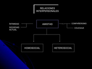 RELACIONES INTERPERSONALES AMISTAD HOMOSOCIAL HETEROSOCIAL  Í NTIMIDAD SOCIEDAD ACTUAL COMPAÑERISMO COLEGAJE 