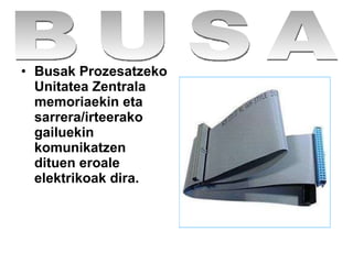Busak Prozesatzeko Unitatea Zentrala memoriaekin eta sarrera/irteerako gailuekin komunikatzen dituen eroale elektrikoak dira.   BUSA 