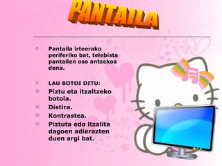 Pantaila irteerako periferiko bat, telebista pantailen oso antzekoa dena.  LAU BOTOI DITU: Piztu eta itzaltzeko botoia. Distira. Kontrastea. Piztuta edo itzalita dagoen adierazten duen argi bat. PANTAILA 