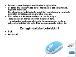 Zure eskuaren luzapen moduko bat da pantailan. Bi botoi ditu : ezkerrekoa botoi nagusia da, eta eskuinekoa, bigarren mailakoa.  Beheko aldean bola bat edo gurpil bat edukitzen du, norabide guztietan erraztasunez mugitu ahal izateko. Erakuslea edo kurtsorea adierazle bat da, sagua  desplazatzean pantailan zehar mugitzen dena. Horretarako, kurtsorea elementu horren gainean jarri eta ezkerreko botoiaz klik egin. Elementua aukeratu egiten da. Zer egin daiteke botoiekin ? Ireki Arrastatu.   