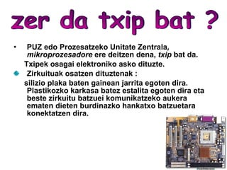 PUZ   edo   Prozesatzeko Unitate Zentrala , mikroprozesadore  ere deitzen dena,  txip  bat da. Txipek osagai elektroniko asko dituzte. Zirkuituak osatzen dituztenak : silizio plaka baten gainean jarrita egoten dira. Plastikozko karkasa batez estalita egoten dira eta beste zirkuitu batzuei komunikatzeko aukera ematen dieten burdinazko hankatxo batzuetara konektatzen dira. zer da txip bat ? 