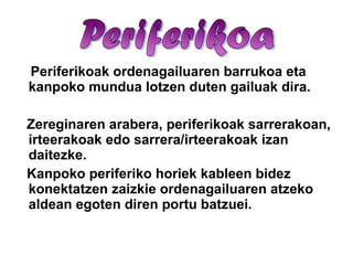 Periferikoak ordenagailuaren barrukoa eta kanpoko mundua lotzen duten gailuak dira. Zereginaren arabera, periferikoak sarrerakoan, irteerakoak edo sarrera/irteerakoak izan daitezke.  Kanpoko periferiko horiek kableen bidez konektatzen zaizkie ordenagailuaren atzeko aldean egoten diren portu batzuei. 