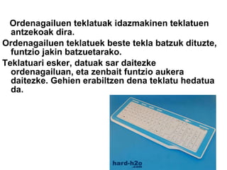 Ordenagailuen teklatuak idazmakinen teklatuen antzekoak dira. Ordenagailuen teklatuek beste tekla batzuk dituzte, funtzio jakin batzuetarako.  Teklatuari esker, datuak sar daitezke ordenagailuan, eta zenbait funtzio aukera daitezke. Gehien erabiltzen dena teklatu hedatua da. 