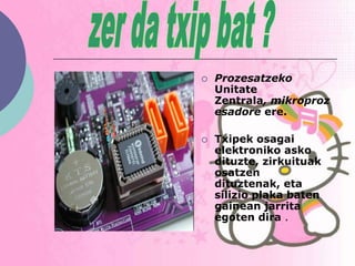    Prozesatzeko
    Unitate
    Zentrala, mikroproz
    esadore ere.

   Txipek osagai
    elektroniko asko
    dituzte, zirkuituak
    osatzen
    dituztenak, eta
    silizio plaka baten
    gainean jarrita
    egoten dira .
 