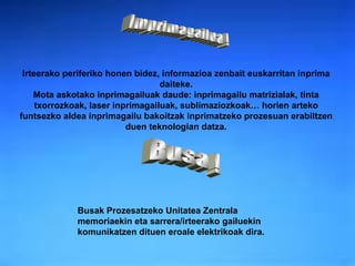 Imprimagailua ! Irteerako periferiko honen bidez, informazioa zenbait euskarritan inprima daiteke. Mota askotako inprimagailuak daude: inprimagailu matrizialak, tinta txorrozkoak, laser inprimagailuak, sublimaziozkoak… horien arteko funtsezko aldea inprimagailu bakoitzak inprimatzeko prozesuan erabiltzen duen teknologian datza. Busa ! Busak Prozesatzeko Unitatea Zentrala memoriaekin eta sarrera/irteerako gailuekin komunikatzen dituen eroale elektrikoak dira.   