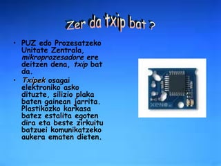 PUZ   edo   Prozesatzeko Unitate Zentrala , mikroprozesadore  ere deitzen dena,  txip  bat da. Txipek  osagai elektroniko asko dituzte, silizio plaka baten gainean jarrita. Plastikozko karkasa batez estalita egoten dira eta beste zirkuitu batzuei komunikatzeko aukera ematen dieten. Zer da txip bat ? 