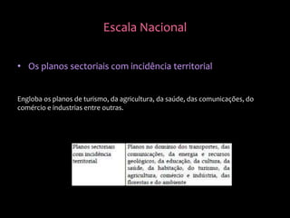 • Os planos sectoriais com incidência territorial
Engloba os planos de turismo, da agricultura, da saúde, das comunicações, do
comércio e industrias entre outras.
Escala Nacional
 