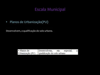 • Planos de Urbanização(PU)
Desenvolvem, a qualificação do solo urbano.
Escala Municipal
 