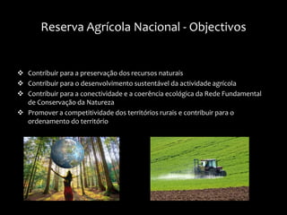 Reserva Agrícola Nacional - Objectivos
 Contribuir para a preservação dos recursos naturais
 Contribuir para o desenvolvimento sustentável da actividade agrícola
 Contribuir para a conectividade e a coerência ecológica da Rede Fundamental
de Conservação da Natureza
 Promover a competitividade dos territórios rurais e contribuir para o
ordenamento do território
 