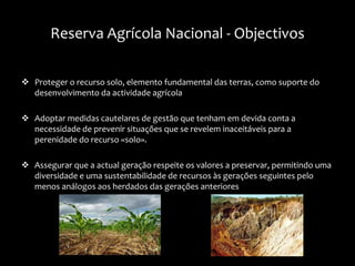  Proteger o recurso solo, elemento fundamental das terras, como suporte do
desenvolvimento da actividade agrícola
 Adoptar medidas cautelares de gestão que tenham em devida conta a
necessidade de prevenir situações que se revelem inaceitáveis para a
perenidade do recurso «solo».
 Assegurar que a actual geração respeite os valores a preservar, permitindo uma
diversidade e uma sustentabilidade de recursos às gerações seguintes pelo
menos análogos aos herdados das gerações anteriores
Reserva Agrícola Nacional - Objectivos
 