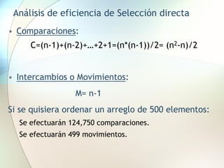 Análisis de eficiencia de Selección directa
• Comparaciones:
C=(n-1)+(n-2)+…+2+1=(n*(n-1))/2= (n2-n)/2
• Intercambios o Movimientos:
M= n-1
Si se quisiera ordenar un arreglo de 500 elementos:
Se efectuarán 124,750 comparaciones.
Se efectuarán 499 movimientos.
 