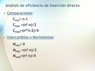 Análisis de eficiencia de Inserción directa
• Comparaciones:
Cmin= n-1
Cmáx =(n2-n)/2
Cmed=(n2*n-2)/4
• Intercambios o Movimientos:
Mmin= 0
Mmáx =(n2-n)/2
Mmed=(n2-n)/4
 