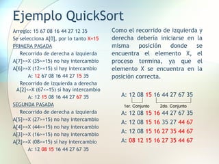 Ejemplo QuickSort
Arreglo: 15 67 08 16 44 27 12 35
Se selecciona A[0], por lo tanto X=15
PRIMERA PASADA
Recorrido de derecha a izquierda
A[7]>=X (35>=15) no hay intercambio
A[6]>=X (12>=15) sí hay intercambio
A: 12 67 08 16 44 27 15 35
Recorrido de izquierda a derecha
A[2]<=X (67<=15) sí hay intercambio
A: 12 15 08 16 44 27 67 35
SEGUNDA PASADA
Recorrido de derecha a izquierda
A[5]>=X (27>=15) no hay intercambio
A[4]>=X (44>=15) no hay intercambio
A[3]>=X (16>=15) no hay intercambio
A[2]>=X (08>=15) sí hay intercambio
A: 12 08 15 16 44 27 67 35
Como el recorrido de izquierda y
derecha debería iniciarse en la
misma posición donde se
encuentra el elemento X, el
proceso termina, ya que el
elemento X se encuentra en la
posición correcta.
A: 12 08 15 16 44 27 67 35
A: 12 08 15 16 44 27 67 35
A: 12 08 15 16 35 27 44 67
A: 12 08 15 16 27 35 44 67
A: 08 12 15 16 27 35 44 67
2do. Conjunto
1er. Conjunto
 