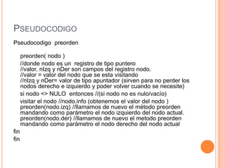 PseudocodigoPseudocodigo preordenpreorden( nodo )    //donde nodo es un  registro de tipo puntero//valor, nIzq y nDer son campos del registro nodo.//valor = valor del nodo que se esta visitando//nIzq y nDer= valor de tipo apuntador (sirven para no perder los nodos derecho e izquierdo y poder volver cuando se necesite)    si nodo <> NULO  entonces //(si nodo no es nulo/vacío)    visitar el nodo //nodo.info (obtenemos el valor del nodo )preorden(nodo.izq) //llamamos de nuevo el método preorden mandando como parámetro el nodo izquierdo del nodo actual.preorden(nodo.der) //llamamos de nuevo el metodopreorden mandando como parámetro el nodo derecho del nodo actualfinfin