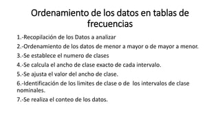 Ordenamiento de los datos en tablas de
frecuencias
1.-Recopilación de los Datos a analizar
2.-Ordenamiento de los datos de menor a mayor o de mayor a menor.
3.-Se establece el numero de clases
4.-Se calcula el ancho de clase exacto de cada intervalo.
5.-Se ajusta el valor del ancho de clase.
6.-Identificación de los limites de clase o de los intervalos de clase
nominales.
7.-Se realiza el conteo de los datos.
 