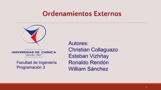 Ordenamientos Externos
Autores:
Christian Collaguazo
Esteban Vizhñay
Ronaldo Rendón
William Sánchez
Facultad de Ingeniería
Programación 3
1
 