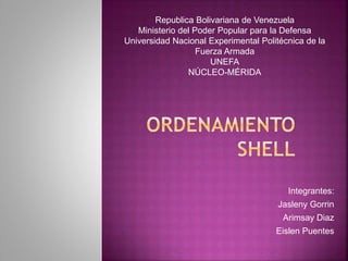 Integrantes:
Jasleny Gorrin
Arimsay Diaz
Eislen Puentes
Republica Bolivariana de Venezuela
Ministerio del Poder Popular para la Defensa
Universidad Nacional Experimental Politécnica de la
Fuerza Armada
UNEFA
NÚCLEO-MÉRIDA
 