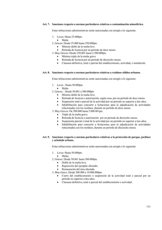 131
Art. 7. Sanciones respecto a normas particulares relativas a contaminación atmosférica.
Estas infracciones administrativas serán sancionadas con arreglo a lo siguiente:
1. Leves: Hasta 25.000pts.
• Multa
2. Graves: Desde 25.000 hasta 250.000pts.
• Mínimo doble de la multa leve
• Retirada de licencia por un período de doce meses.
3. Muy Graves: Desde 250.001 hasta 2.500.000pts.
• Mínimo triple de la multa grave
• Retirada de licencia por un período de dieciocho meses.
• Clausura definitiva, total o parcial del establecimiento, actividad, o instalación.
Art. 8. Sanciones respecto a normas particulares relativas a residuos sólidos urbanos.
Estas infracciones administrativas serán sancionadas con arreglo a lo siguiente:
1. Leves : Hasta 50.000pts.
• Multa
2. Graves: : Desde 50.001 a 500.000pts
• Mínimo doble de la multa leve.
• Retirada de licencia o autorización, según caso, por un período de doce meses.
• Suspensión total o parcial de la actividad por un periodo no superior a dos años.
• Inhabilitación para concurrir a licitaciones para la adjudicación de actividades
relacionadas con los residuos, durante un periódo de doce meses.
3. Muy Graves: De 500.000 hasta 5.000.001pts.
• Triple de la multa grave.
• Retirada de licencia o autorización por un período de dieciocho meses.
• Suspensión parcial o total de la actividad por un periódo no superior a tres años.
• Inhabilitación para concurrir a licitaciones para la adjudicación de actividades
relacionadas con los residuos, durante un período de dieciocho meses.
Art. 9. Sanciones respecto a normas particulares relativas a la protección de parque, jardines
y arbolado urbano.
Estas infracciones administrativas serán sancionadas con arreglo a lo siguiente:
1. Leves: Hasta 50.000pts.
• Multa.
2. Graves: Desde 50.001 hasta 500.000pts.
• Doble de la multa leve.
• Reposición del ejemplar afectado.
• Restauración del área afectada.
3. Muy Grave. Desde 500.000 a 10.000.000pts.
• Cierre del establecimiento o suspensión de la actividad total o parcial por un
período no superior a dos años.
• Clausura definitiva, total o parcial del establecimiento o actividad.
 