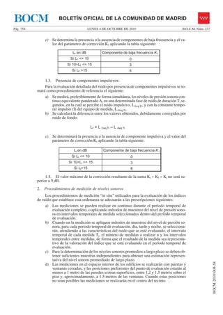 LUNES 4 DE OCTUBRE DE 2010Pág. 758 B.O.C.M. Núm. 237
BOCM-20101004-58
BOLETÍN OFICIAL DE LA COMUNIDAD DE MADRIDBOCM
c) Se determina la presencia o la ausencia de componentes de baja frecuencia y el va-
lor del parámetro de corrección Kf aplicando la tabla siguiente:
Lf en dB
Si Lf <= 10
Si 10>Lf <= 15
Si Lf >15
0
3
6
Componente de baja frecuencia K t
1.3. Presencia de componentes impulsivos:
Para la evaluación detallada del ruido por presencia de componentes impulsivos se to-
mará como procedimiento de referencia el siguiente:
a) Se medirá, preferiblemente de forma simultánea, los niveles de presión sonora con-
tinuo equivalente ponderado A, en una determinada fase de ruido de duración Ti se-
gundos, en la cual se percibe el ruido impulsivo, LAeq,Ti, y con la constante tempo-
ral impulso (I) del equipo de medida, LAleq,Ti.
b) Se calculará la diferencia entre los valores obtenidos, debidamente corregidos por
ruido de fondo:
Lf = L Ceq,Ti – L Aeq,Ti
c) Se determinará la presencia o la ausencia de componente impulsiva y el valor del
parámetro de corrección Ki aplicando la tabla siguiente:
Li en dB
Si Li <= 10
Si 10>Li <= 15
Si Li>15
0
3
6
Componente de baja frecuencia K i
1.4. El valor máximo de la corrección resultante de la suma Kt + Kf + Ki no será su-
perior a 9 dB.
2. Procedimientos de medición de niveles sonoros
Los procedimientos de medición “in situ” utilizados para la evaluación de los índices
de ruido que establece esta ordenanza se adecuarán a las prescripciones siguientes:
a) Las mediciones se pueden realizar en continuo durante el período temporal de
evaluación completo, o aplicando métodos de muestreo del nivel de presión sono-
ra en intervalos temporales de medida seleccionados dentro del período temporal
de evaluación.
b) Cuando en la medición se apliquen métodos de muestreo del nivel de presión so-
nora, para cada período temporal de evaluación, día, tarde y noche, se selecciona-
rán, atendiendo a las características del ruido que se esté evaluando, el intervalo
temporal de cada medida Ti, el número de medidas a realizar n y los intervalos
temporales entre medidas, de forma que el resultado de la medida sea representa-
tivo de la valoración del índice que se está evaluando en el período temporal de
evaluación.
c) Para la determinación de los niveles sonoros promedios a largo plazo se deben ob-
tener suficientes muestras independientes para obtener una estimación represen-
tativa del nivel sonoro promediado de largo plazo.
d) Las mediciones en el espacio interior de los edificios se realizarán con puertas y
ventanas cerradas, y las posiciones preferentes del punto de evaluación estarán al
menos a 1 metro de las paredes u otras superficies, entre 1,2 y 1,5 metros sobre el
piso y, aproximadamente, a 1,5 metros de las ventanas. Cuando estas posiciones
no sean posibles las mediciones se realizarán en el centro del recinto.
 
