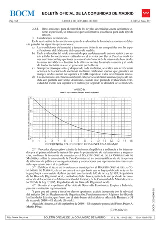 LUNES 4 DE OCTUBRE DE 2010Pág. 762 B.O.C.M. Núm. 237
BOCM-20101004-58
http://www.bocm.es BOLETÍN OFICIAL DE LA COMUNIDAD DE MADRID D. L.: M. 19.462-1983 ISSN 1989-4791
BOLETÍN OFICIAL DE LA COMUNIDAD DE MADRIDBOCM
2.2.4. Otros emisores: para el control de los niveles de emisión sonora de fuentes so-
noras específicas, se estará a lo que la normativa establezca para cada tipo de
emisor.
3. Condiciones de medición.
En la realización de las mediciones para la evaluación de los niveles sonoros se debe-
rán guardar las siguientes precauciones:
a) Las condiciones de humedad y temperatura deberán ser compatibles con las espe-
cificaciones del fabricante del equipo de medida.
b) En la evaluación del ruido transmitido por un determinado emisor acústico no se-
rán válidas las mediciones realizadas en el exterior con lluvia. Para las medicio-
nes en el interior hay que tener en cuenta la influencia de la misma a la hora de de-
terminar su validez en función de la diferencia entre los niveles a medir y el ruido
de fondo, incluido en este, el generado por la lluvia.
c) Será preceptivo que antes y después de cada medición, se realice una verificación
acústica de la cadena de medición mediante calibrador sonoro, que garantice un
margen de desviación no superior a 0,3 dB respecto el valor de referencia inicial.
d) Las mediciones en el medio ambiente exterior se realizarán usando equipos de me-
dida con pantalla antiviento. Asimismo, cuando en el punto de evaluación la velo-
cidad del viento sea superior a 5 metros por segundo se desistirá de la medición.
ANEXO IV
ÁBACO DE CORRECCIÓN DEL RUIDO DE FONDO
2.o Proceder al preceptivo trámite de información pública y audiencia a los interesa-
dos por el plazo mínimo de treinta días para la presentación de reclamaciones y sugeren-
cias, mediante la inserción de anuncio en el BOLETÍN OFICIAL DE LA COMUNIDAD DE
MADRID y tablón de anuncios de la Casa Consistorial, así como notificación de la apertura
de información pública a las organizaciones y asociaciones que representan intereses veci-
nales que aparecen en el expediente.
3.o Publicar el texto de la ordenanza municipal en el BOLETÍN OFICIAL DE LA CO-
MUNIDAD DE MADRID, el cual no entrará en vigor hasta que se haya publicado su texto ín-
tegro y haya transcurrido el plazo previsto en el artículo 652 de la Ley 7/1985, Reguladora
de las Bases de Régimen Local, contándose dicho lazo a partir de la recepción de la comu-
nicación del acuerdo a la Administración del Estado y de la Comunidad de Madrid (artícu-
lo 70.2 de la Ley 7/1985, Reguladora de las Bases de Régimen Local).
4.o Remitir el expediente al Servicio de Desarrollo Económico, Empleo e Industria,
para su tramitación reglamentaria.
Y para que así conste y surta los efectos oportunos, expido la presente con la salvedad
del artículo 206 del Reglamento de Organización, Funcionamiento y Régimen Jurídico de
las Entidades Locales, que firmo con el visto bueno del alcalde en Alcalá de Henares, a 31
de mayo de 2010.—El alcalde (firmado).
Alcalá de Henares, a 8 de septiembre de 2010.—El secretario general del Pleno, Pedro A.
Martín Pérez.
(03/35.696/10)
 
