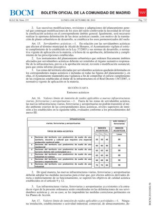 LUNES 4 DE OCTUBRE DE 2010B.O.C.M. Núm. 237 Pág. 737
BOCM-20101004-58
BOLETÍN OFICIAL DE LA COMUNIDAD DE MADRIDBOCM
2. Las sucesivas modificaciones, revisiones y adaptaciones del planeamiento gene-
ral que contengan modificaciones de los usos del suelo conllevarán la necesidad de revisar
la zonificación acústica en el correspondiente ámbito general. Igualmente, será necesario
realizar la oportuna delimitación de las áreas acústicas cuando, con motivo de la tramita-
ción de planes urbanísticos de desarrollo, se establezca los usos pormenorizados del suelo.
Art. 15. Servidumbres acústicas.—1. En relación con las servidumbres acústicas
que afecten al término municipal de Alcalá de Henares, el Ayuntamiento vigilara el estric-
to cumplimiento de lo establecido en la Ley 37/2003 y sus normas de desarrollo, o norma-
tiva vigente de aplicación en la materia, a la hora de su aprobación, delimitación y cumpli-
miento de las prescripciones establecidas.
2. Los instrumentos del planeamiento urbanístico que ordenen físicamente ámbitos
afectados por servidumbres acústicas deberán ser remitidos al órgano sustantivo responsa-
ble de la infraestructura, previo a la aprobación inicial, revisión o modificación sustancial,
para que emita informe preceptivo.
3. Las zonas del territorio afectadas por servidumbres acústicas quedarán delimitadas en
los correspondientes mapas acústicos e incluidas en todas las figuras del planeamiento y, en
ellas, el Ayuntamiento mantendrá una vigilancia a fin de comprobar el estricto cumplimiento
de las exigencias establecidas al titular de la infraestructura en el Real Decreto 1367/2007, o
normativa vigente de aplicación en la materia.
SECCIÓN CUARTA
Emisores acústicos
Art. 16. Valores límite de inmisión de ruidos aplicables a nuevas infraestructuras
viarias, ferroviarias y aeroportuarias.—1. Fuera de las zonas de servidumbre acústica,
las nuevas infraestructuras viarias, ferroviarias y aeroportuarias no podrán transmitir al me-
dio ambiente exterior de las correspondientes áreas acústicas, niveles superiores de inmi-
sión a los establecidos en la siguiente tabla, evaluados conforme a los procedimientos del
anexo III:
viarias, ferroviarias y aeroportuarias
L d L e L n
e Sectores del territorio con predominio de suelo de uso
sanitario, docente y cultural que requiera una especial
protección contra el ruido
55 55 45
a Sectores del territorio con predominio de suelo de uso
residencial
60 60 50
d Sectores del territorio con predominio de suelo de uso
terciario distinto del contemplado en c
65 65 60
j Sectores del territorio con predominio de suelo de uso
industrial no ruidoso
65 65 60
c Sectores del territorio con predominio de suelo de uso
terciario y espectáculos
68 68 58
b Sectores del territorio con predominio de suelo de uso
industrial
70 70 60
Infraestructuras
ÍNDICES
ACÚSTICOS
Lmax
90
88
90
88
solo viarias y
ferroviarias
80
85
ÍNDICES
ACÚSTICOSTIPOS DE ÁREA ACÚSTICA
2. De igual manera, las nuevas infraestructuras viarias, ferroviarias y aeroportuarias
deberán adoptar las medidas necesarias para evitar que, por efectos aditivos derivados di-
recta o indirectamente de su funcionamiento, se superen los objetivos de calidad acústica
establecidos en el artículo 9 y 12.
3. Las infraestructuras viarias, ferroviarias y aeroportuarias ya existentes a la entra-
da en vigor de la presente ordenanza serán consideradas en las delimitaciones de sus servi-
dumbres acústicas y, en su caso, se les impondrán las medidas correctoras pertinentes en
los Planes de Acción.
Art. 17. Valores límite de inmisión de ruidos aplicables a actividades.—1. Ningu-
na instalación, establecimiento o actividad industrial, comercial, de almacenamiento, de-
 