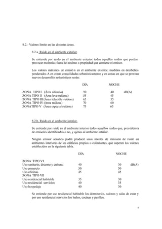6
8.2.- Valores límite en las distintas áreas.
8.2.a. Ruido en el ambiente exterior.
Se entiende por ruido en el ambiente exterior todos aquellos ruidos que puedan
provocar molestias fuera del recinto o propiedad que contiene el emisor.
Los valores máximos de emisió n en el ambiente exterior, medidos en decibelios
ponderados A en zonas consolidadas urbanísticamente y en zonas en que se prevean
nuevos desarrollos urbanísticos serán:
DÍA NOCHE
ZONA TIPO I (Área silencio) 50 40 dB(A)
ZONA TIPO II (Área leve ruidosa) 55 45
ZONA TIPO III (Área tolerable ruidosa) 65 55
ZONA TIPO IV (Área ruidosa) 70 60
ZONATIPO V (Área especial ruidosa) 75 65
8.2.b. Ruido en el ambiente interior.
Se entiende por ruido en el ambiente interior todos aquellos ruidos que, procedentes
de emisores identificados o no, y ajenos al ambiente interior.
Ningún emisor acústico podrá producir unos niveles de inmisión de ruido en
ambientes interiores de los edificios propios o colindantes, que superen los valores
establecidos en la siguiente tabla.
DÍA NOCHE
ZONA TIPO VI
Uso sanitario, docente y cultural 40 30 dB(A)
Uso comercio 50 50
Uso oficinas 45 45
ZONA TIPO VII
Uso residencial habitable 35 30
Uso residencial servicios 40 35
Uso hospedaje 40 30
Se entiende por uso residencial habitable los dormitorios, salones y salas de estar y
por uso residencial servicios los baños, cocinas y pasillos.
 