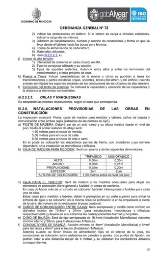 GOBIERNO DE MENDOZA
ORDENANZA GENERAL Nº 72
15
2) Indicar las protecciones en tablero. Si el letrero se carga a circuitos existentes,
indicar la carga de los mismos.
3) Diámetro de canalizaciones, número y sección de conductores y forma en que se
llega desde el tablero hasta las bocas para letreros.
4) Forma de alimentación de cada letrero.
5) Materiales utilizados.
6) Ídem III.2.5.2.1. k)
j) Líneas de alta tensión:
1) Intensidad de corriente en cada circuito en MA.
2) Tipo de conductor utilizado y su sección.
3) Tipos de soportes aislantes, distancia entre ellos y entre los terminales del
transformador y el más próximo de ellos.
k) Puesta a Tierra: Indicar características de la misma y cómo se pondrán a tierra los
transformadores y partes metálicas (cajas, soportes, letras) del letrero y del edificio (cuando
a éstas son fijados los soportes aislantes de los conductores de los circuitos de alta tensión).
l) Corrección del factor de potencia: Se indicará la capacidad y ubicación de los capacitores y
la distancia a elementos combustibles.
III.2.5.2.3. ORLAS Y MARQUESINAS
Se adoptarán las mismas disposiciones, según el caso que corresponda.
III.2.6. INSTALACIONES PROVISORIAS DE LAS OBRAS EN
CONSTRUCCIÓN
La inspección abarcará: Poste, cajas de madera para medidor y tablero, caños de bajada y
comunicación entre ambas cajas (extraídas de las normas de AyE).
a) POSTE DE MADERA: Deberá ser de un solo tramo y su altura medida desde el nivel de
piso, hasta el primer aislador de abajo será:
4,40 metros para el cruce de vereda.
5,50 metros para el cruce de calle.
6,50 metros para el cruce de ruta o carril.
En el poste se colocarán los respectivos pernos de hierro, con aisladores cuyo número
dependerá, sí la instalación es monofásica o trifásica.
b) CAJA DE MADERA PARA MEDIDOR: Será con puerta y de las siguientes dimensiones:
TRIFÁSICO MONOFÁSICO
ALTO: 0,50m 0,35m
ANCHO: 0,30m 0,21m
PROFUNDIDAD: 0,25m 0,20m
ESPESOR: 2cm 2cm
ALTURA DE COLOCACIÓN: 1,20 metros sobre el nivel del piso
c) CAJA PARA EL TABLERO: Será de madera y de medidas adecuadas para alojar los
elementos de protección (llave general y fusibles) y tomas de corriente.
En caso de haber más de un circuito se colocarán también interruptores y fusibles para cada
uno de ellos.
Estas cajas para medidor y tablero, deben ir protegidas en su parte superior para evitar la
entrada de agua y se colocarán en la misma línea de edificación o en la empalizada o cierre
de la obra, de manera de no entorpecer el paso peatonal.
d) CAÑOS DE COMUNICACIÓN ENTRE CAJAS: Será semipesado y tendrá como mínimo un
diámetro interior de 15,4mm y 34mm (para instalaciones monofásicas y trifásicas
respectivamente) y llevará en sus extremos las correspondientes tuercas y boquillas.
e) CAÑO DE BAJADA: Será de tipo semipesado de 15,4mm (Instalación Monofásica) diámetro
mínimo interno y 34mm para Instalaciones Trifásicas.
f) CONDUCTORES DE BAJADA: Sección mínima de 4mm² (Instalación Monofásica) y 6mm²
para las fases y 4mm² para el neutro (Instalación Trifásica).
Además cuando se lleven líneas de alimentación fijas en el interior de la obra, los
conductores se colocarán sobre aisladores en paredes o postes. Los puntos de fijación, no
podrán estar a una distancia mayor de 4 metros y se utilizarán los conductores aislados
correspondientes.
 