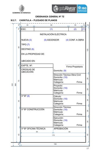 GOBIERNO DE MENDOZA
ORDENANZA GENERAL Nº 72
17
III.2.7. CARÁTULA – PLEGADO DE PLANOS
 