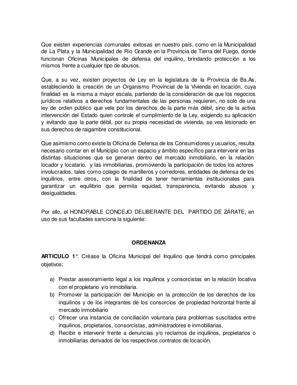 Proyecto De Ordenanza Oficina Municipal Del Inquilino