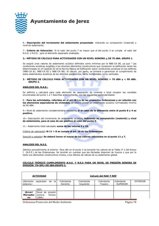 Ordenanza Protección del Medio Ambiente Página 78
6.- Descripción del incremento del aislamiento proyectado: indicando su composición (material) y
nivel de aislamiento.
7.- Criterio de Valoración: Si el valor del punto 7 es mayor que el del punto 3 se cumple el valor del
N.A.E. o N.E.E. para el elemento separador analizado.
2.- MÉTODO DE CÁLCULO PARA ACTIVIDADES CON UN NIVEL SONORO < DE 70 dBA. GRUPO 1.
Se exigirá unos valores de aislamiento acústico definidos como mínimos por la NBE-CA 88, ya que “ Las
condiciones acústicas exigibles a los diversos elementos constructivos que componen la edificación serán las
determinadas en el Capítulo III de la Norma Básica de Edificación sobre condiciones acústicas en los edificios
(NBE-CA 81, NBE-CA 82 y NBE-CA 88). El cálculo, por tanto, se limitará a garantizar el cumplimiento de
estos aislamientos acústicos de los distintos paramentos, tanto horizontales como verticales.
3.- MÉTODO DE CÁLCULO PARA ACTIVIDADES CON UN NIVEL SONORO > 70 dBA y < 90 dBA.
GRUPO 2.
ANÁLISIS DEL N.A.E.:
Se definirá y calculará para cada elemento de separación de vivienda o local receptor las variables
enumeradas del punto 1 a 7 descritas anteriormente, con las siguientes particularidades:
8.- Para las actividades, referidas en el art.18,1,a de las presentes Ordenanzas y en relación con
los elementos separadores de viviendas, se deberá prever un aislamiento acústico normalizado mínimo
de 60 dBA.
9.- Nivel de aislamiento complementario necesario, si el valor de la diferencia entre el punto 8 y 4 es
positivo.
10.- Descripción del incremento de aislamiento acústico, indicando su composición (material) y nivel
de aislamiento, para el caso de ser positivo el valor del punto 9.
11.- Aislamiento total calculado: suma de los valores 4 y 10.
Criterio de valoración: Si 11 > 8 se cumple el art. 18 de las Ordenanzas.
Solución a adoptar: Se deberá tomar el mayor de los valores calculados en el punto 11 y 7.
ANALISIS DEL N.E.E.
Idéntico procedimiento al anterior. Para ello en el punto 2 se tomarán los valores de la Tabla nº 2 del Anexo
I (N.E.E.) de las Ordenanzas. Se tendrán en cuentan que las fachadas disponen de huecos y que por lo
tanto sus elementos constructivos mixtos, a los efectos de cálculo de su aislamiento global.
CÁLCULO TEÓRICO CUMPLIMIENTO N.A.E. Y N.E.E PARA UN NIVEL DE PRESIÓN SONORA DE
EMISIÓN: 70<SPL<90 dBA.GRUPO 2.
ACTIVIDAD Calculo del NAE Y NEE
.Elemento separador de la
estancia :
Colindante
Derecho
Colindante
Izquierdo
Colindante
Trasero
Colindante
SUPERIOR
EXTERIOR
USO:
¡Error!
Marcador
no
Nivel de presión
sonora. Emisor
(dBA).
 