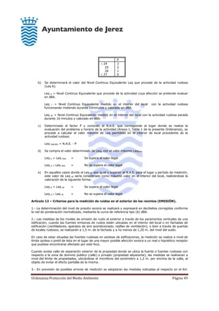 Ordenanza Protección del Medio Ambiente Página 49
P
 24
25
26
 27
3
2
1
0
b) Se determinará el valor del Nivel Continuo Equivalente Leq que procede de la actividad ruidosa
(Leq A).
Leq A = Nivel Continuo Equivalente que procede de la actividad cuya afección se pretende evaluar
en dBA.
Leq T = Nivel Continuo Equivalente medido en el interior del local con la actividad ruidosa
funcionando midiendo durante 10minutos y valorado en dBA.
Leq RF = Nivel Continuo Equivalente medido en el interior del local con la actividad ruidosa parada
durante 10 minutos y valorado en dBA.
c) Determinado el factor P y conocido el N.A.E. que corresponde al lugar donde se realiza la
evaluación del problema y horario de la actividad (Anexo I, Tabla 1 de la presente Ordenanza), se
procede a calcular el valor máximo de Leq permitido en el interior de local procedente de la
actividad ruidosa:
Leq MAXIMO = N.A.E. - P
d) Se compra el valor determinado de LeqA con el valor máximo LeqMAX
Leq A > Leq MAX = Se supera el valor legal
Leq A  Leq MAX = No se supera el valor legal
e) En aquellos casos donde el Leq RF sea igual o superior al N.A.E. para el lugar y período de medición,
este valor de Leq RF sería considerado como máximo valor en el interior del local, realizándose la
valoración de la siguiente forma:
Leq A > Leq RF = Se supera el valor legal
Leq A  Leq RF = No se supera el valor legal
Artículo 12 – Criterios para la medición de ruidos en el exterior de los recintos (EMISIÓN).
1.- La determinación del nivel de presión sonora se realizará y expresará en decibelios corregidos conforme
la red de ponderación normalizada, mediante la curva de referencia tipo (A) dBA.
2.- Las medidas de los niveles de emisión de ruido al exterior a través de los paramentos verticales de una
edificación, cuando las fuentes emisoras de ruidos están ubicadas en el interior del local o en fachadas de
edificación (ventiladores, aparatos de aire acondicionado, rejillas de ventilación), o bien a través de puertas
de locales ruidosos, se realizarán a 1,5 m. de la fachada y a no menos de 1,20 m. del nivel del suelo.
En caso de estar situadas las fuentes ruidosas en azoteas de edificaciones, la medición se realiza a nivel de
límite azotea o pretil de ésta en el lugar de una mayor posible afección sonora a un real o hipotético receptor
que pudiese encontrarse afectado por este foco.
Cuando exista valla de separación exterior de la propiedad donde se ubica la fuente o fuentes ruidosas con
respecto a la zona de dominio público (calle) o privado (propiedad adyacente), las medidas se realizaran a
nivel del límite de propiedades, ubicándose el micrófono del sonómetro a 1,2 m. por encima de la valla, al
objeto de evitar el efecto pantalla de la misma.
3.- En previsión de posibles errores de medición se adoptaran las medidas indicadas al respecto en el Art.
 