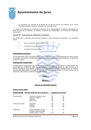 Ordenanza Protección del Medio Ambiente Página 69
- La reincidencia por comisión en el término de un año de más de una infracción de la misma
naturaleza cuando así haya sido declarado con resolución firme.
2.- Tendrá la consideración de circunstancia atenuante de la responsabilidad, la adopción espontánea, por
parte del autor de la infracción, de medidas correctoras con anterioridad a la incoación del expediente
sancionador.
Artículo 78 – Prescripción de infracciones y sanciones.
Las infracciones y sanciones administrativas previstas en esta Ordenanza prescribirán en los siguientes
plazos:
* Las muy graves en el plazo de tres años.
* Las graves en el de dos años.
* Las leves en el de seis meses.
DISPOSICIÓN ADICIONAL
Los Ayuntamientos, dentro del ámbito de aplicación de esta Ordenanza, son competentes para hacer cumplir
la normativa comunitaria, la legislación estatal y la legislación de la Comunidad Autónoma, en materia de
protección acústica.
DISPOSICIÓN TRANSITORIA
Las actividades e instalaciones a que se refiere la presente Ordenanza que estuvieren en funcionamiento con
anterioridad al 8 de Marzo de 1996, deberán ajustarse a los niveles de emisión de ruidos previstos en el
Decreto 74/1996 de 20 de Febrero, por el que se aprueba el Reglamento de la Calidad de Aire, sin perjuicio
de serles aplicables desde la entrada en vigor de esta Ordenanza los límites de inmisión sonora, los de
vibraciones, así como las normas de prevención acústica.
ANEXO I
TABLA Nº 1
LIMITES DE INMISIÓN SONORA
Niveles Limites (dBA)
ZONIFICACIÓN TIPO DE LOCAL Día (07 a 23 horas) Noche(23 a 07 horas)
Equipamientos Sanitario y bienestar social 30 25
Cultural y religioso 30 30
Educativo 40 30
Para el ocio 40 40
Servicios Terciarios Hospedaje 40 30
Oficinas 45 35
Comercio 55 45
Residencial Piezas habitables, excepto 35 30
Cocinas y cuartos de baño.
Pasillos, aseos y cocinas 40 35
 