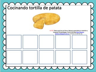 Cocinando tortilla de patata
AUTOR: María José de Luis Flores. Maestra especialista en Audición y
Lenguaje-Psicopedagoga. Autora del blog http://lapsico-
goloteca.blogspot.com.es LICENCIA CC (BY-NC-SA)
 