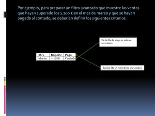 Por ejemplo, para preparar un filtro avanzado que muestre las ventas
que hayan superado los 1.200 € en el mes de marzo y que se hayan
pagado al contado, se deberían definir los siguientes criterios:
 