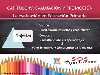 Orden de 15 de enero de 2021
La evaluación en Educación Primaria
Objetiva
Valorar:
- Dedidación, esfuerzo y rendimiento
Co...