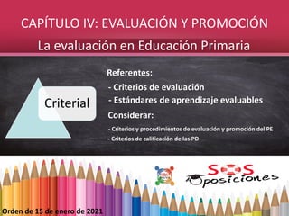 Orden de 15 de enero de 2021
La evaluación en Educación Primaria
Criterial
Referentes:
- Criterios de evaluación
- Estánda...