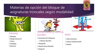 Materias de opción del bloque de
asignaturas troncales según modalidad
Ciencias
Biología
Dibujo técnico II
Física
Geología
Química
Humanidades y Ciencias
Sociales
Economía de la Empresa
Historia del Arte
Geografía
Historia de la Filosofía
Griego II
Artes
Artes Escénicas
Cultura Audiovisual II
Diseño
 